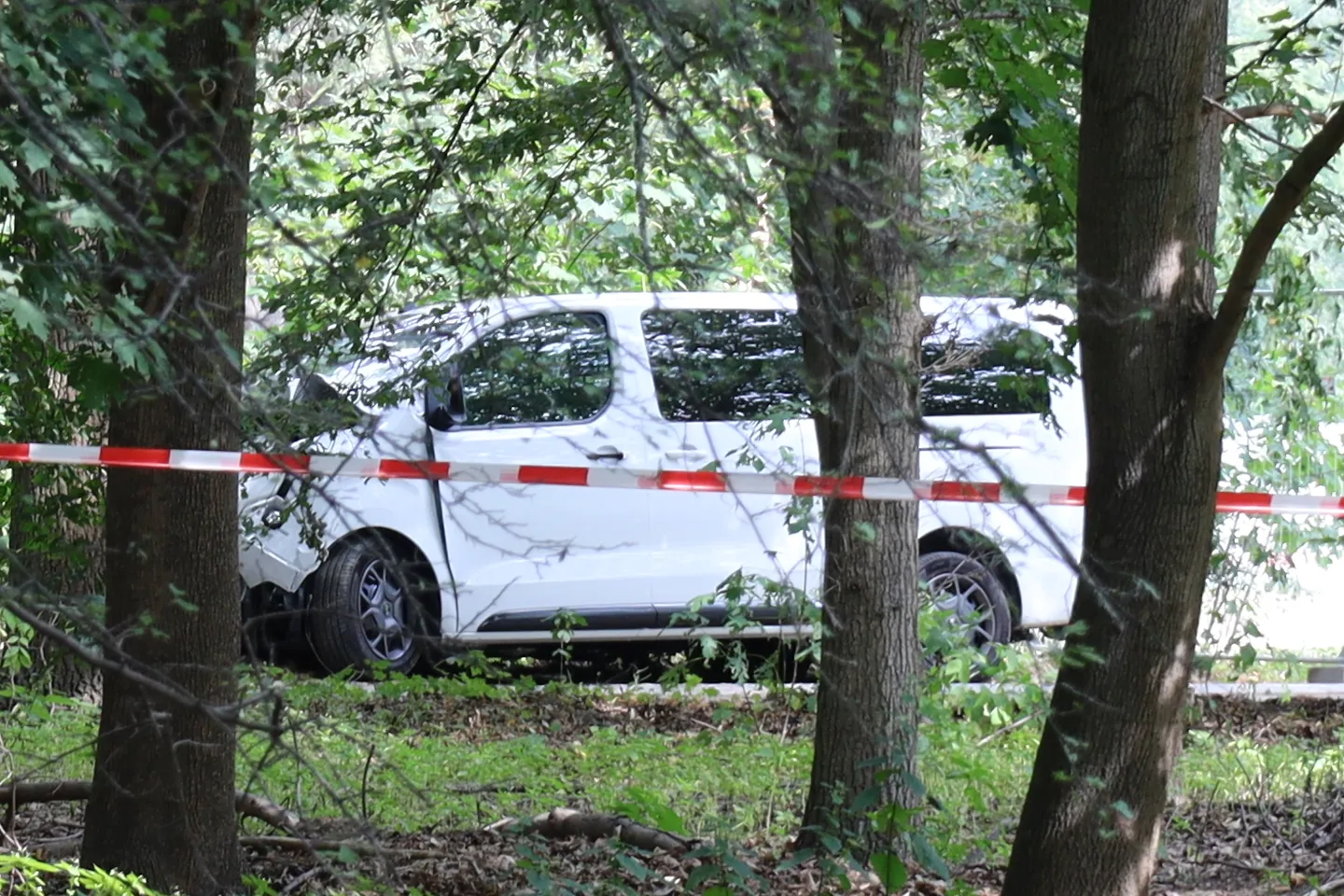 Il furgone usato nell'attentato al Pride di Berlino, incidentato contro un albero nel parco Tiergarten